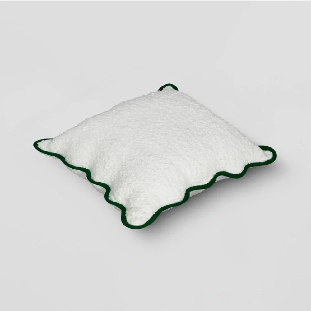 Oversize Faux Boucle with Scalloped Trim Square Throw Pillow Ivory/Green